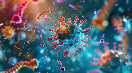 Microscopic view of a virus interacting with antibodies, vibrant colors, close-up, scientific illustration style  - obrazy, fototapety, plakaty