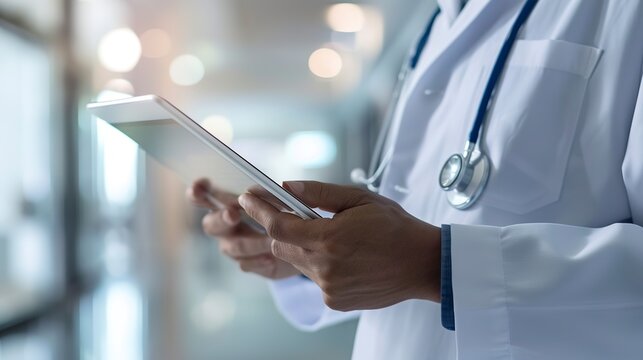 Digital Health Records On A Tablet Screen, Over The Shoulder View, Soft Focus, Clean Modern Office Background 