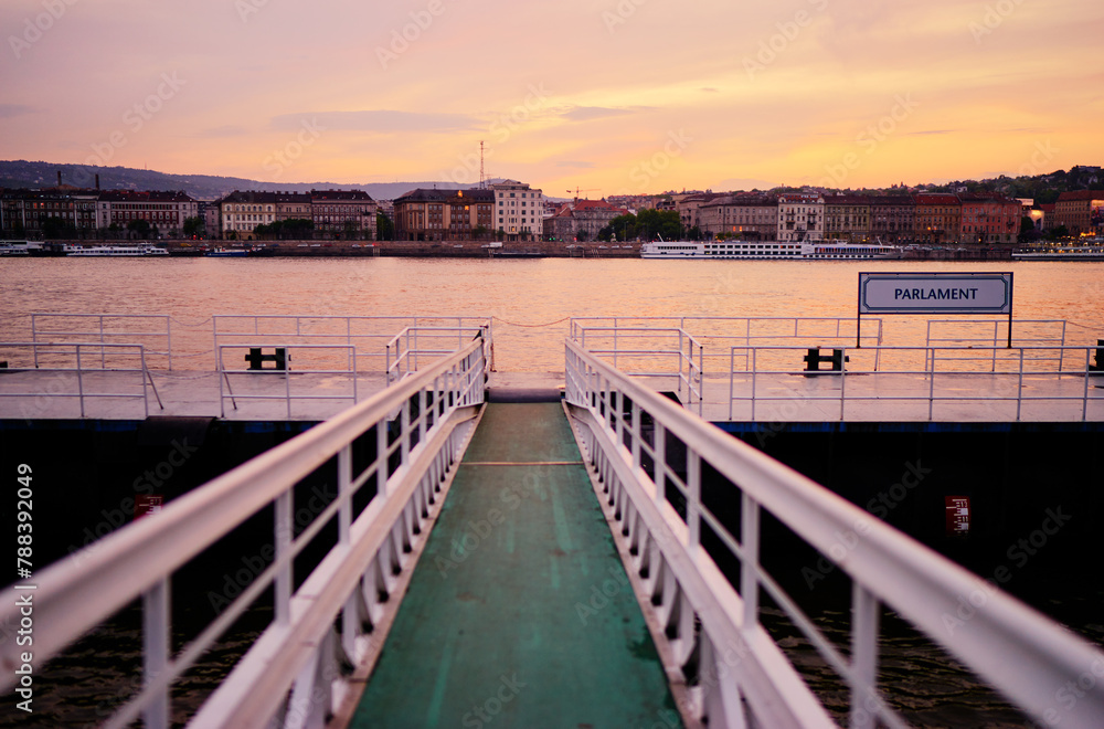 Sticker danube river at sunset in city of budapest, hungary,