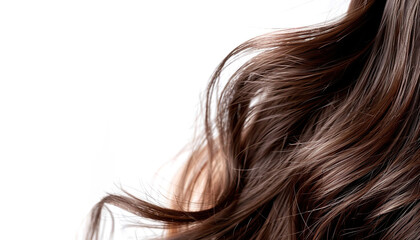 Fototapeta premium A banner with healthy well-groomed shiny dark locks of hair isolated on a white background.