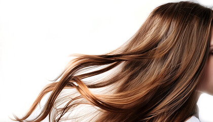Fototapeta premium A banner with healthy well-groomed shiny dark locks of hair isolated on a white background.