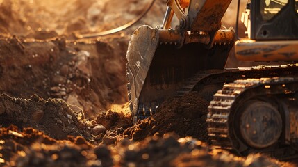 Hydraulic excavator scoop digging earth, close frontal view, morning light, realistic dirt texture, action shot - obrazy, fototapety, plakaty