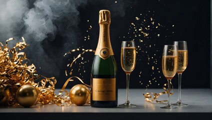 Concept art with Champagne bottle and glass. Minimal art direction with a party or celebration theme.