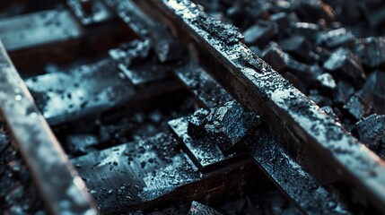 Coal pieces on conveyor belt, close view, harsh direct light, gritty texture, industrial power  - obrazy, fototapety, plakaty
