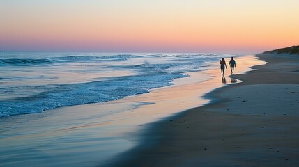 Fototapeta na wymiar Couple Walking on Beach at Sunset, Perfect for Romantic Getaways Ads 
