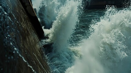Hydropower dam release gate open, water spray close-up, dynamic angle, powerful nature interaction - obrazy, fototapety, plakaty