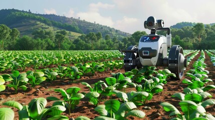  Futuristic Farm Robot in Cabbage Field, Illustrating Agricultural Automation                  