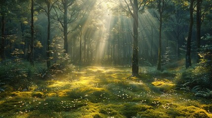 A tranquil forest glade is bathed in the soft light of dawn, casting long shadows across the moss-covered ground. The air is filled with the sound of birdsong, while shafts of golden light filter thro - obrazy, fototapety, plakaty