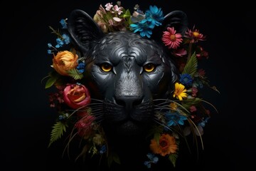 Intimidating Panther head flowers mammal. Feline predator. Generate Ai