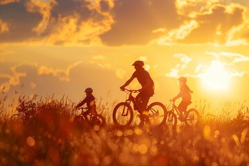 Silhouettes of happy family on bicycles at sunset.