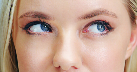 Closeup of eyes, woman and thinking with beauty, cosmetics and lashes with mascara for makeup....