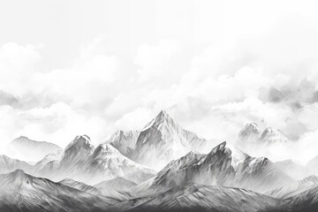Mountain Range Landscape background. Pencil Drawing Illustration Clouds, Snow, and Morning Fog Surrounding Majestic Mountain Peaks
