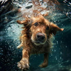 Dog, underwater and swimming as animal exercise or physical activity or mobility, learn or fun. Golden retriever, water and stroke or summer workout in pool or recreation, pain relief or joint health