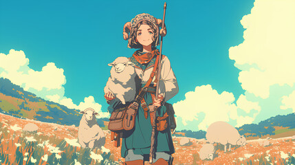 sheep herding anime girl. cool anime style with background illustrations