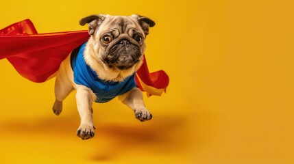 pug dog in superhero costume flying on yellow background - obrazy, fototapety, plakaty