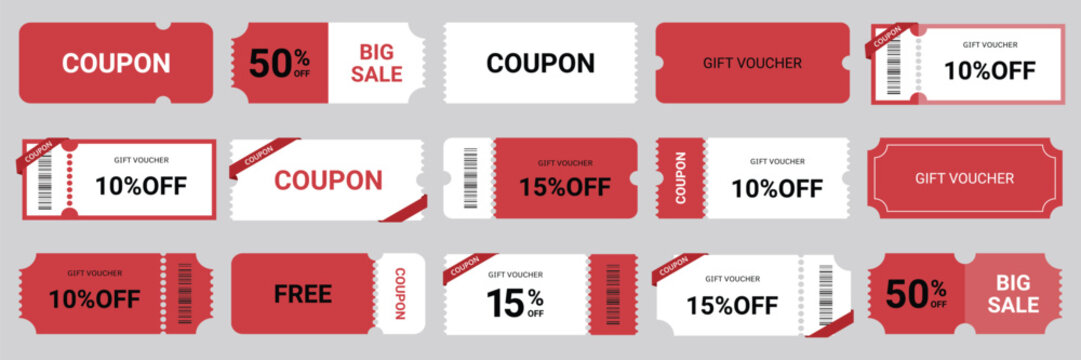 Coupon promotion illustration set. Discount coupon, gift voucher, coupon book.