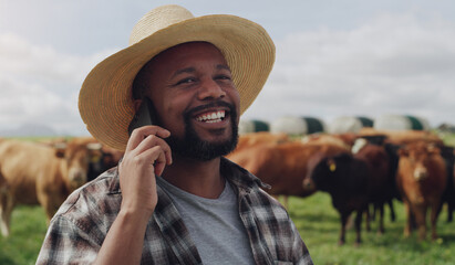 Black man, farmer and phone call with cows for discussion, agriculture or communication in countryside. Happy African or male person talking on mobile smartphone with livestock or cattle on farm