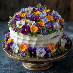 A cake decorated with various flowers, including pansies, violas, and nasturtiums.