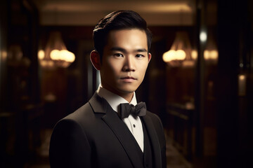 Asian man in a tuxedo in a hotel lobby.