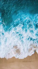 Naklejka premium Beautiful natural summer vacation background. Aerial top view drone shot of turquoise waves breaking white bubbles on pristine white sand