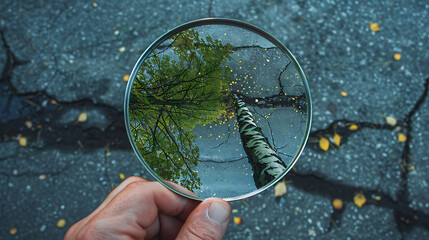 Nature's Focus
A magnifying glass reveals the vivid details and lush greenery of a birch tree, contrasting with the blurred pebble backdrop.