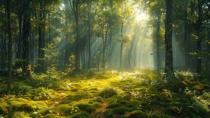 Fototapeta na wymiar A tranquil forest glade is bathed in the soft light of dawn, casting long shadows across the moss-covered ground. The air is filled with the sound of birdsong, while shafts of golden light filter thro