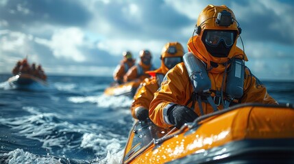 Resque Crew in Life Jackets on a Boat