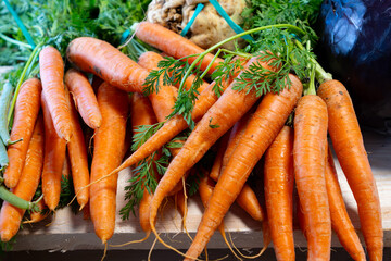 Bunch on fresh orange carrots with green on wooden box