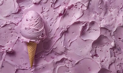 Dark pink ice cream in a waffle cone lying on melted pink ice cream