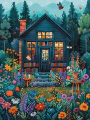 House Surrounded by Flowers Painting