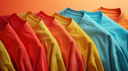 Row of Colorful TShirts on Vibrant Orange Background for 3D Rendering and Graphic Design Inspiration