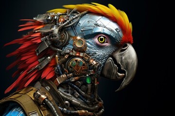 Naklejka premium Mechanical Steelpunk metallic parrot. Art nature. Generate Ai