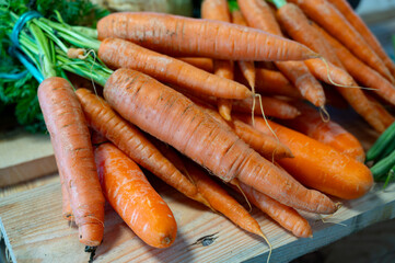 Bunch on fresh orange carrots with green on wooden box - 788396693