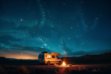 Camper Van Under Starry Sky With Cozy Campfire at Night