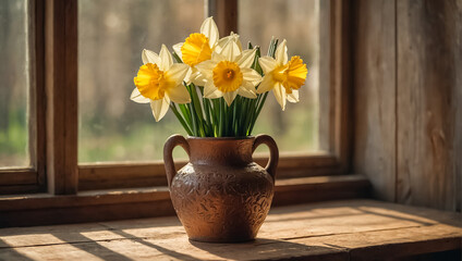 vase with daffodil flower in the room seasonal