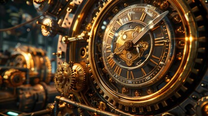 Old-world time machine with brass gears and robust levers, under soft ambient light