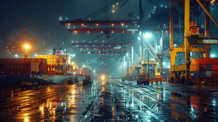 Fototapeta na wymiar Nighttime Global Freight Shipping Dock Activity