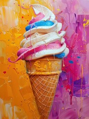 Vibrant Ice Cream Cone Painting With Pink, Blue, and Yellow Icing