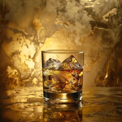 Whiskey Glass with Ice Cubes on a golden background and golden atmosphere. A symbol of luxury and elegance. Lifestyle of a luxurious society.