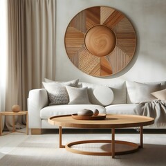 Scandinavian home interior design of modern living room With Round wood coffee table.