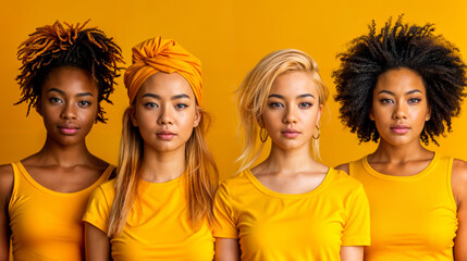 4 femmes de face de différentes ethnies en tenue jaune sur fond jaune
