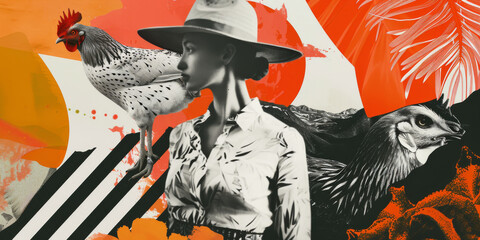 Surreal Collage Art with Woman, Rooster, and Nature Motifs