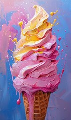 Ice Cream Cone Painting With Pink and Yellow Icing