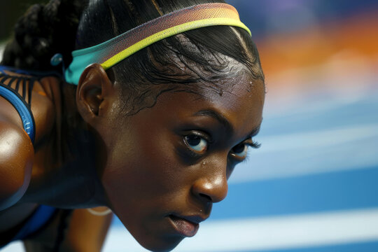 A female sprinter at a starting block - Powered by Adobe