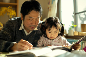 A Japanese father and child immerse themselves in reading a book together while completing homework, finding joy in the process of learning.
