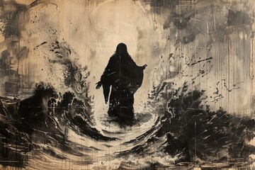 Jesus Walking on Water Amidst Storm

