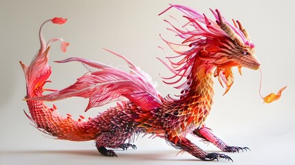 red chinese dragon statue Powerful mythical creatures in Asian art and culture Made from soft yarn.