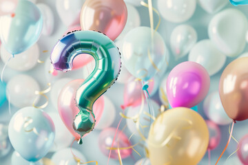 Foil helium rainbow floating balloon made in shape of question mark symbol. Baby shower party concept. Copy space	
