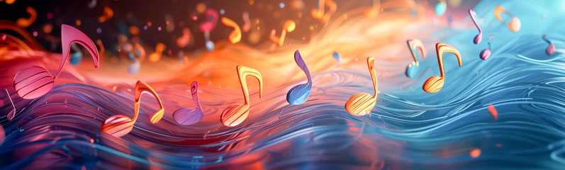Foto op Canvas Abstract illustration of musical background with music notes and colorful wavy lines. Concept of the background and backdrop. © LeManna