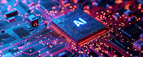 Electronic circuit with chip processor in center with AI sign. CPU concept. - Powered by Adobe